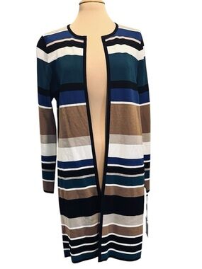 Calvin Klein Open Front Cardigan duster striped teal brown tan black knit Large